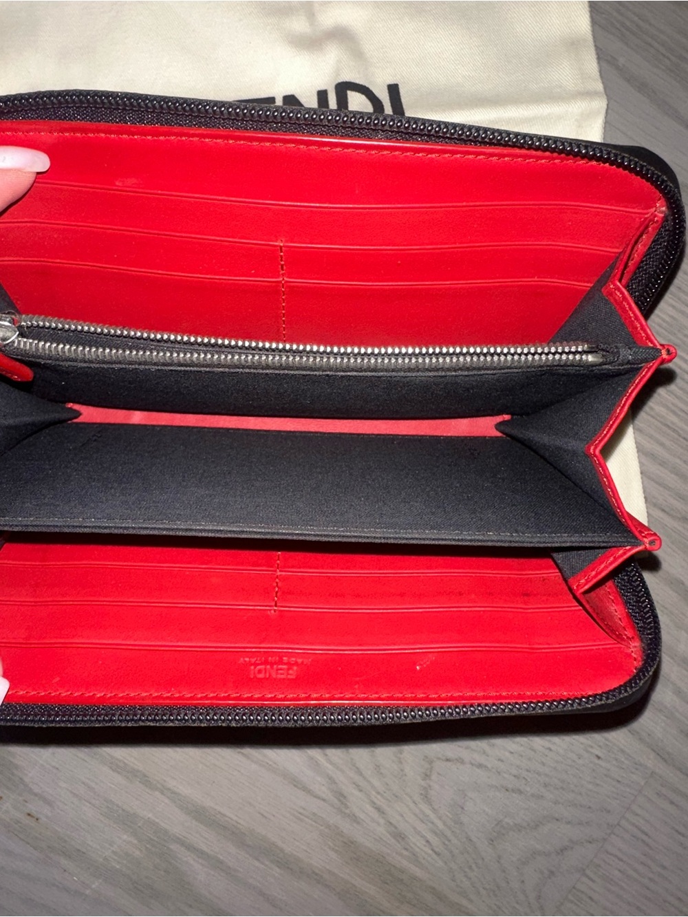 Fendi Black Zucca Canvas Zip Wallet with Red Logo Accent - Picture 5 of 7